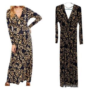 JESSICA SIMPSON MATERNITY Size Large NAVY BLUE & GOLD FLORAL V-NECK MAXI DRESS
